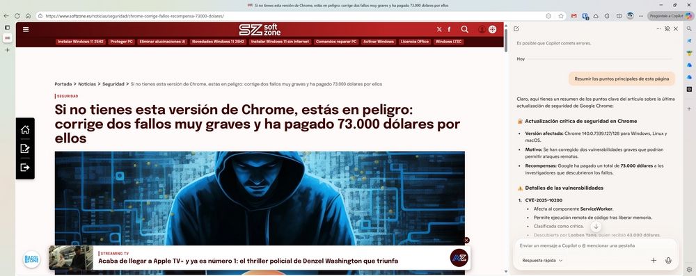 Interfaz del asistente de Copilot en la barra lateral de Microsoft Edge. Lo que muestra copiones para chatear, redactar...