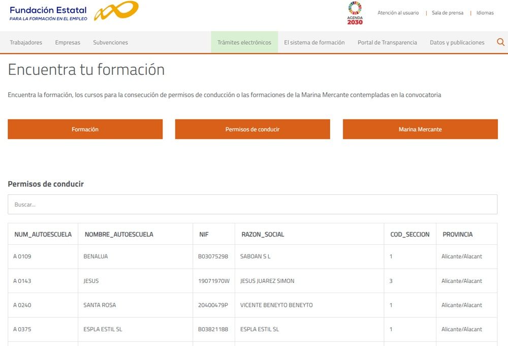 Tabla de cursos formativos, Fundae, donde se especifican ubicaciones geográficas y distintos campos profesionales.