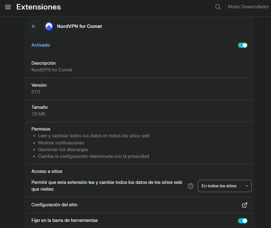 Gestión de NordVPN para Comet. Extensión oficial.