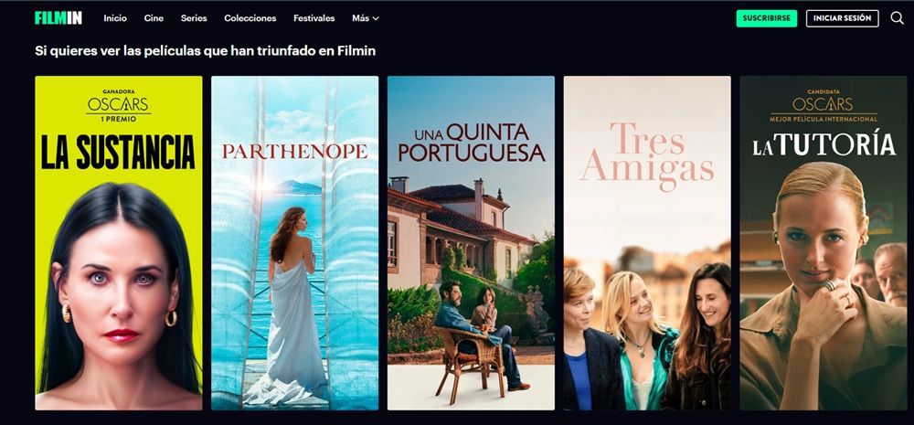 Películas ofrecidas (La sustancia, Parthenope...) en la web oficial de Filmin.