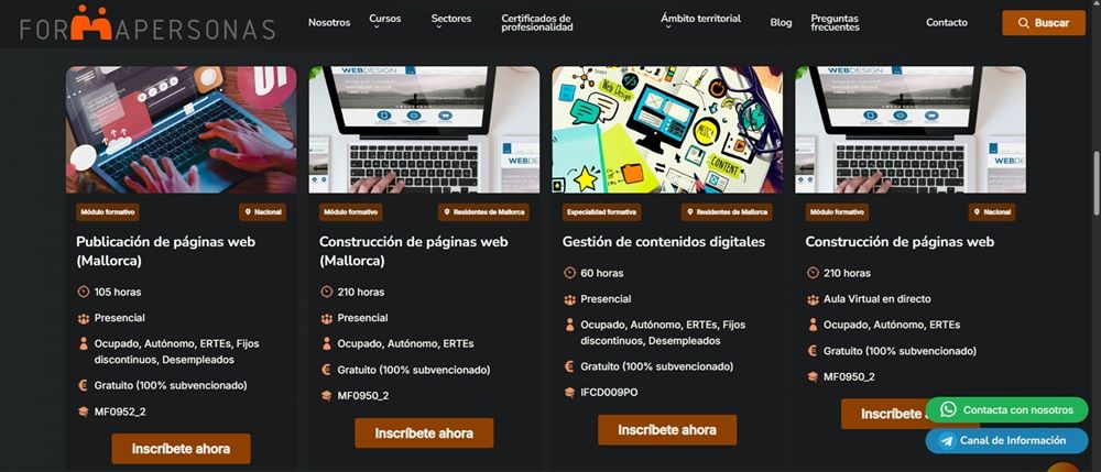 Interfaz de Formación y personas, con muestra de distintos cursos ofrecidos en la plataforma. Todos ellos relacionados con la gestión de páginas web