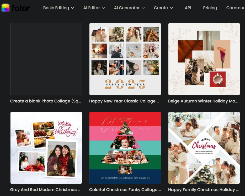 Interfaz de Fotor para crear collages navideños