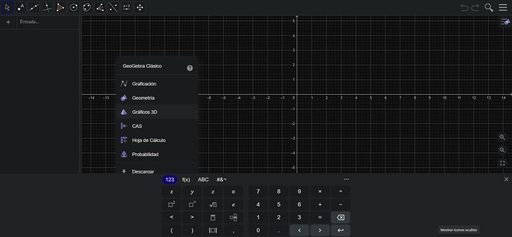 Interfaz web de GeoGebra, donde podemos ver espacio cuadricular y funciones para realizar con el asistente de cálculo