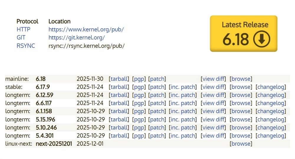 Web del Kernel de Linux donde podemos ver un botón para descargar la versión 6.18 y un historial de versiones.