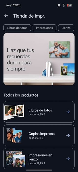 Selección de tipos de libros de fotos con sus diferentes precios oficial de Google