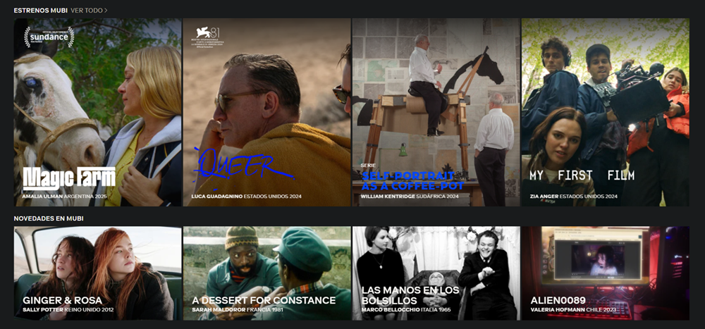 Catálogo actual que encontramos en la web oficial de MUBI (
