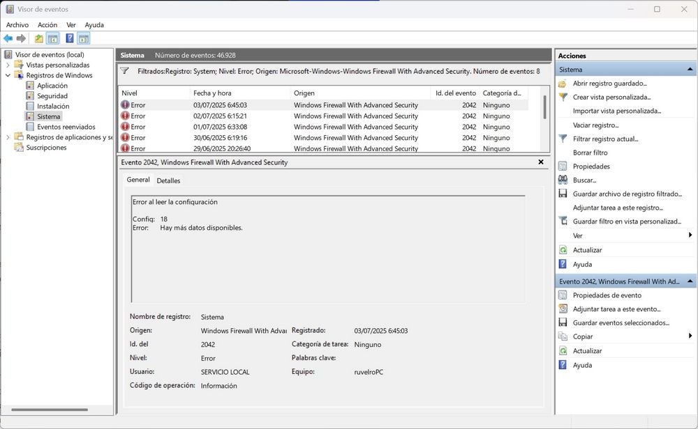 Mensajes de error del Firewall de Windows 11 en el Visor de Eventos