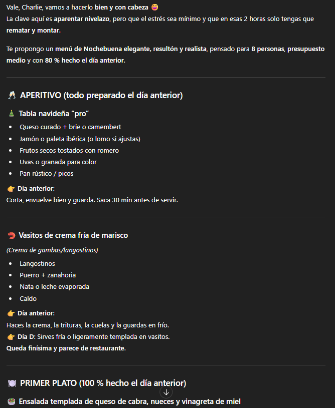 Menú rápido generado por ChatGPT, donde estipula los distintos platos rápidos que podemos cocinar.