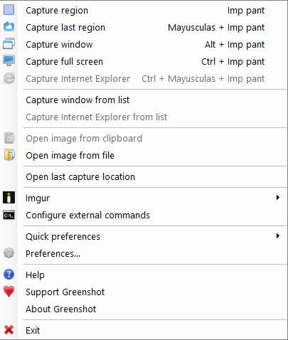 Panel de opciones de Greenshot, donde se especifica también los atajos de teclado para realizar los distintos tipos de captura