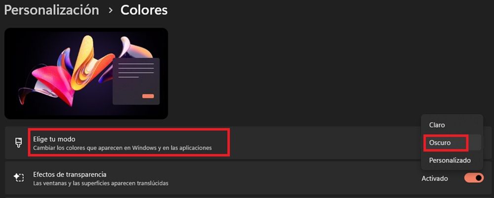 Seleccion modo oscuro