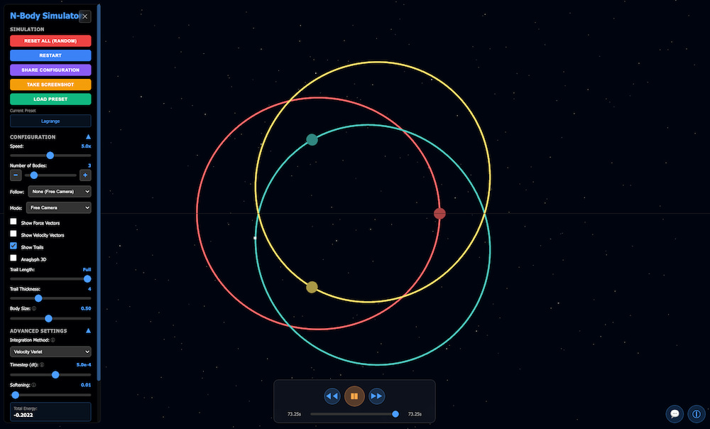 Una fascinante simulación 3D del problema de los tres cuerpos (o «n cuerpos») y su física gravitacional