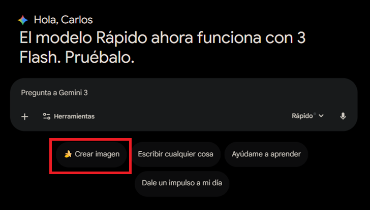 App de Gemini, uso de Nano Banana mediante la selección de modelo en su interfaz