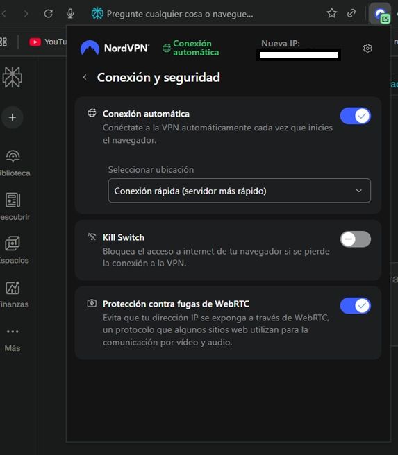 Opciones de NordVPN para Comet