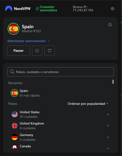 Opciones de conexión a distintos servidores por parte de NordVPN en Comet.