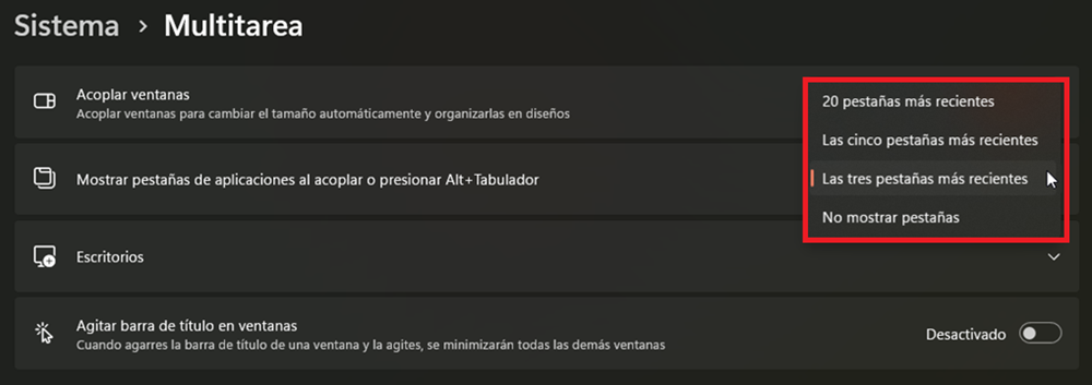 Menú de configuración de Windows 11, sección de Multitarea, donde vemos opciones de Alt+Tab