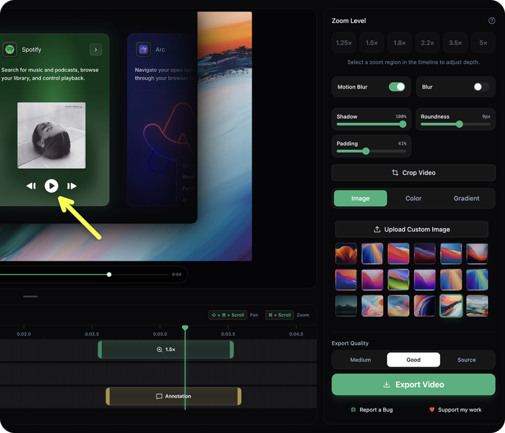 Interfaz de OpenScreen, donde podemos encontrar en la columna derecha las distintas opciones de diseño de la app