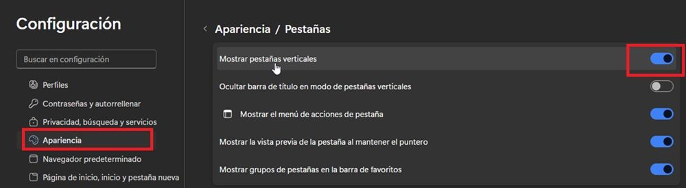 Menú de configuración de Apariencia de Microsoft Edge, donde vemos el interruptor correspondiente para activar las pestañas verticales.
