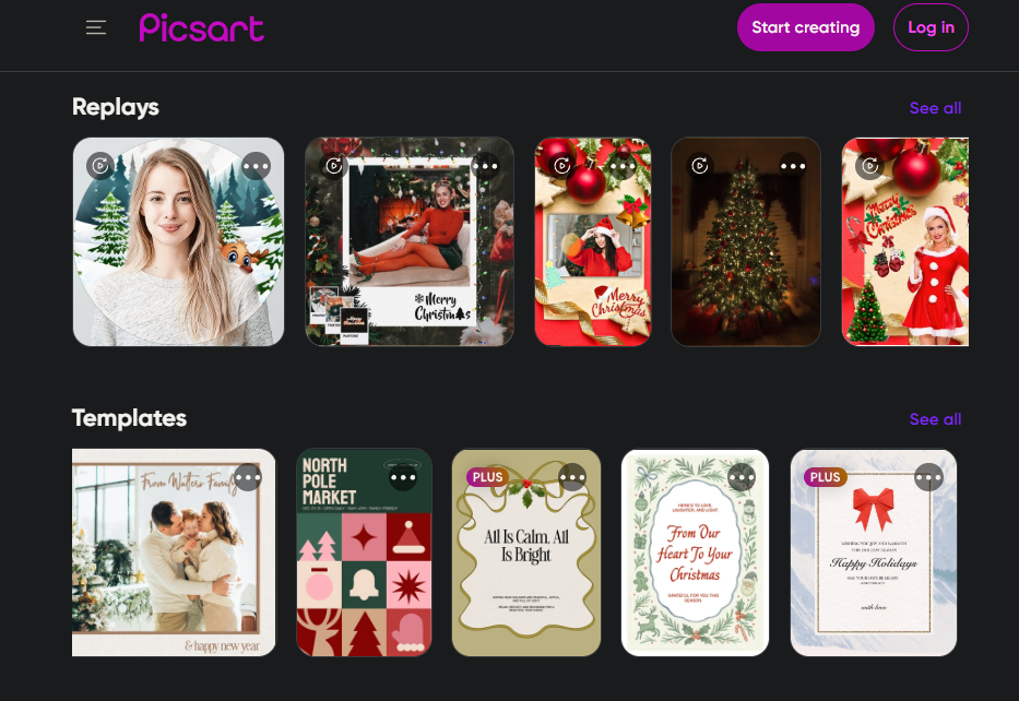 Interfaz de Picsart centrada en temática navideña.