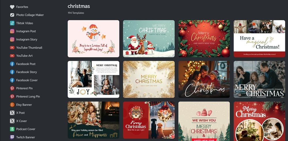 Interfaz de ideas navideñas de Pixlr