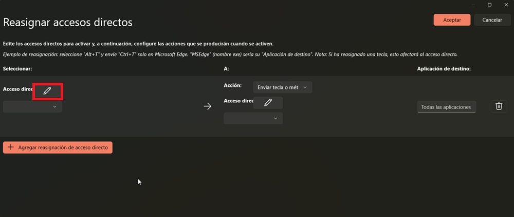 Opción de asignar acceso directo en Microsoft PowerToys.