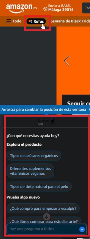 Ubicación de pestaña de Rufus para navegador. Al pulsar sobre ella, se abre una ventana de diálogo rodeada en rojo sobre la parte inferior de la imagen.