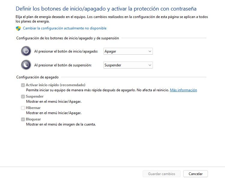 Opciones de inicio y apagado de Windows