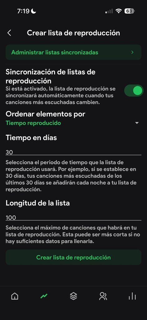 Stats.fm nos permite crear listas de reproducción personalizadas. Podemos elegir la longitud, el periodo de tiempo y mucho más.