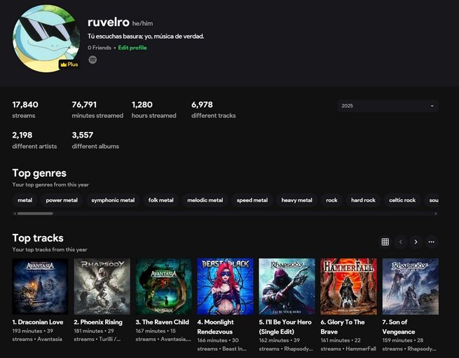 Captura de pantalla de la interfaz de Stats.fm mostrando el resumen del perfil de un usuario, con estadísticas de artistas y canciones más escuchadas.