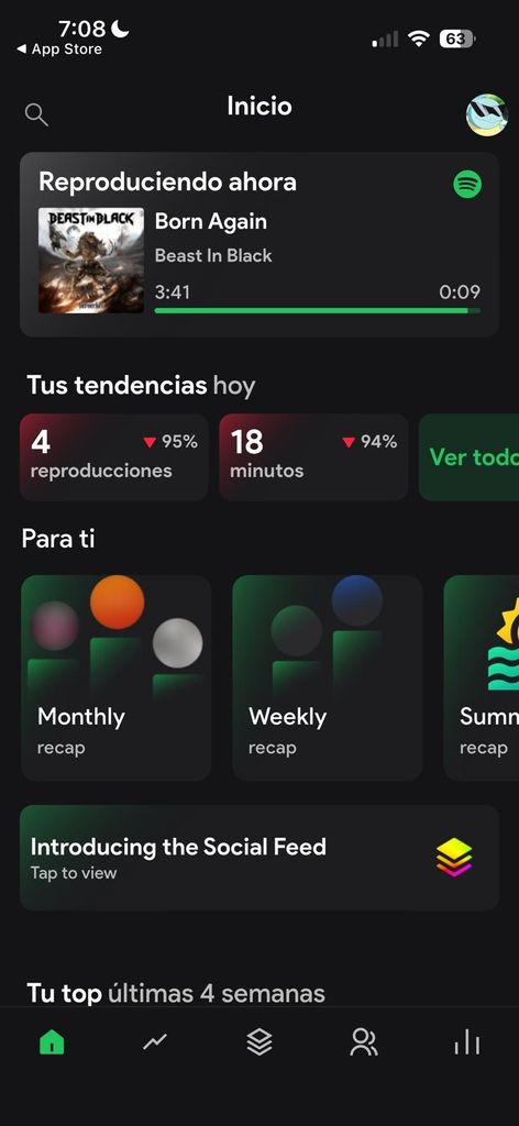 Stats.fm mostrando el resumen principal con lo que estamos escuchando, las tendencias, y recomendaciones.