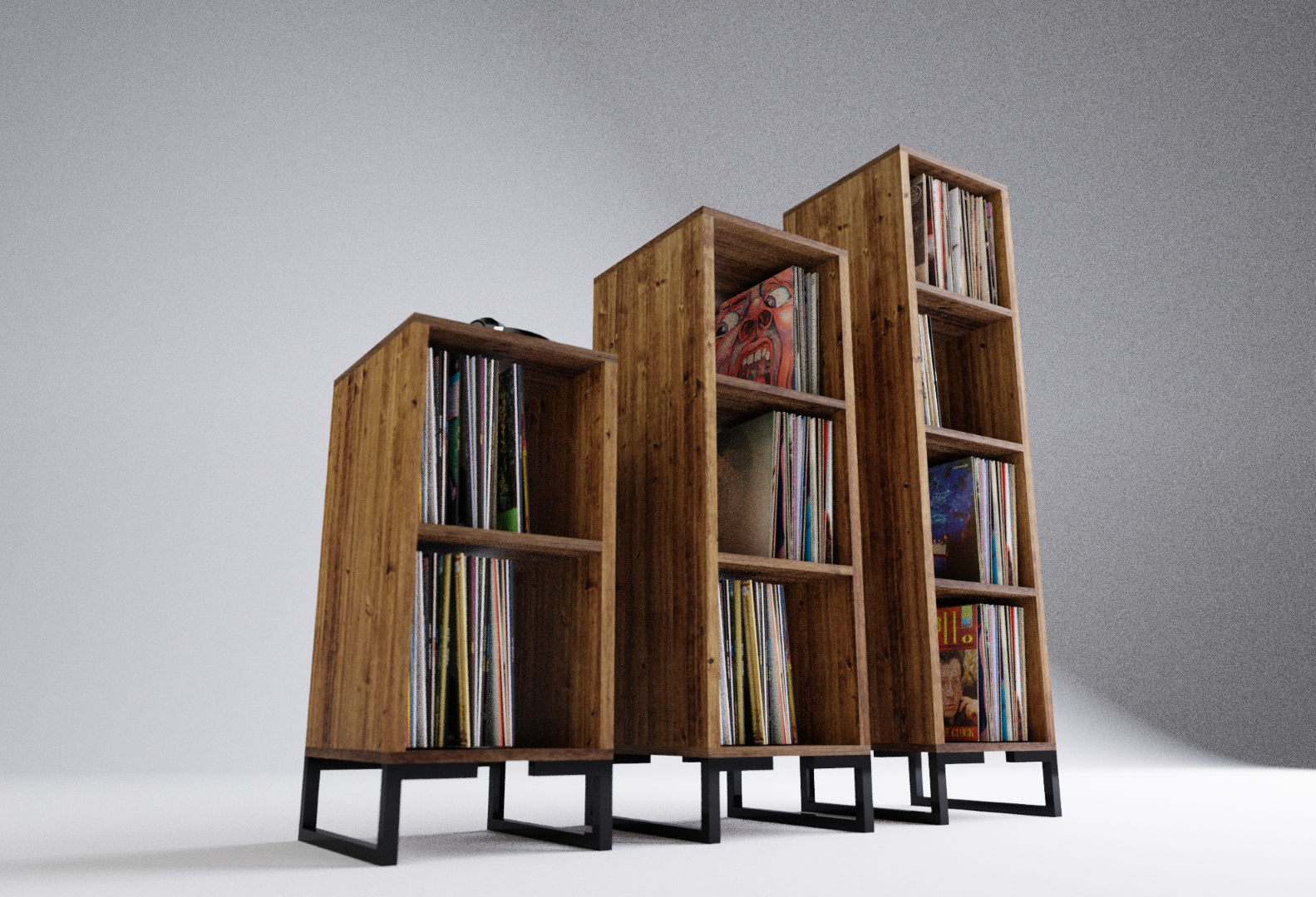 Sistema de almacenamiento vertical en mueble de madera para discos de vinilo