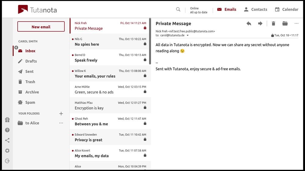 Interfaz oficial de Tutanota, donde se desglosan los correos electrónicos y las diferentes opciones del servicio.