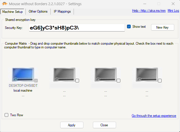 Interfaz Mouse Without Borders en inglés.