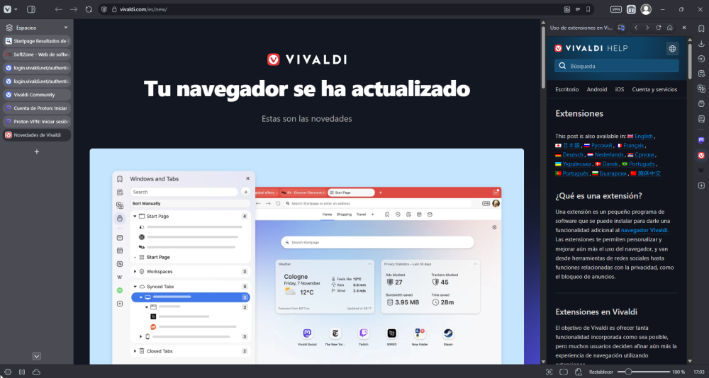 Aspecto actual y estructura del navegador Vivaldi.