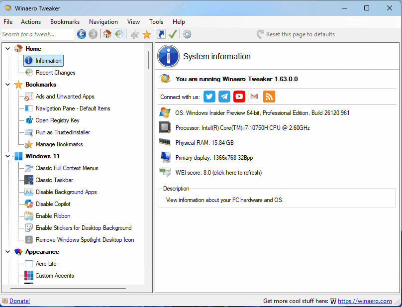 Interfaz de Winaero tweaker