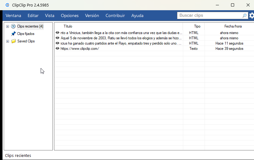 Interfaz principal de ClipClip mostrando una lista de elementos copiados, donde se incluyen textos y enlaces y una barra lateral apra organizar en carpetas.