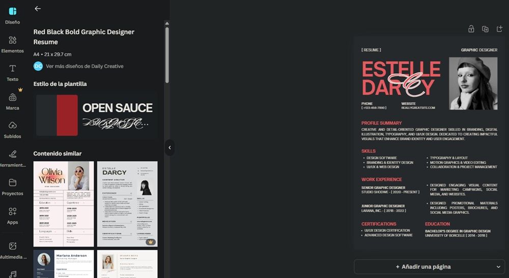 Ejemplo de plantilla de CV creado mediante plantilla en Canva