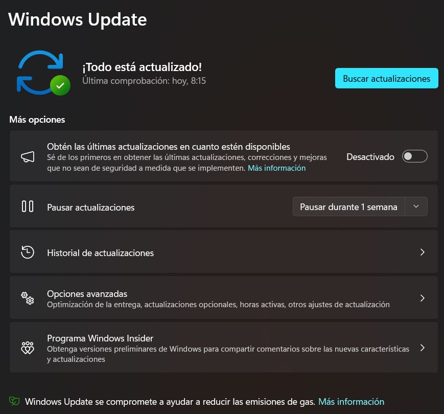 Pantalla de Windows Update, epicentro de actualizaciones del sistema operativo de Windows 11 para gestionar las actualizaciones de Microsoft.