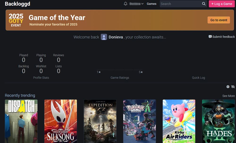 interfaz inicial Backloggd