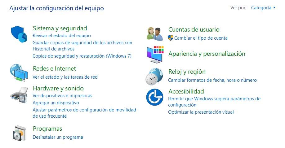 panel de control windows