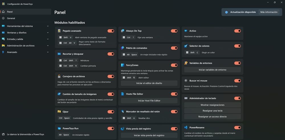Menú principal de PowerToys