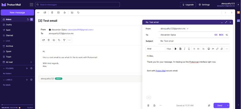Interfaz del servicio de correo Proton Mail, donde podemos ver una ventana para escribir nuevo correo y las diferentes opciones distribuidas en columna izquierda.