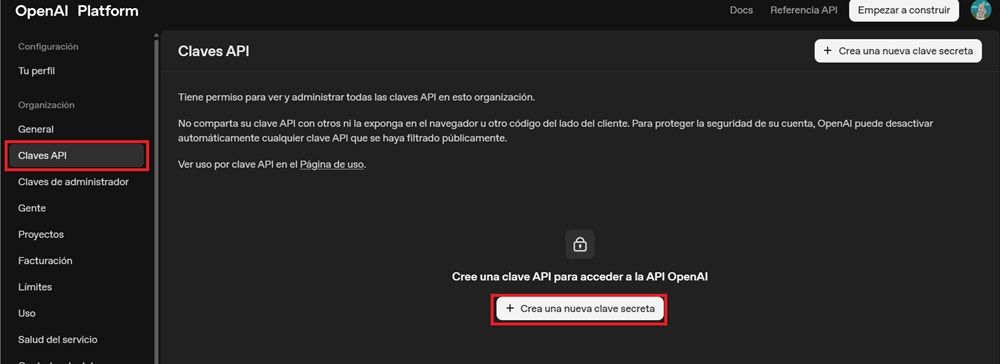 Conseguir una API directamente desde la web oficial de OpenAI.