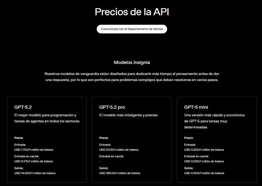Sección oficial de la API de ChatGPT en la web de OpenAI