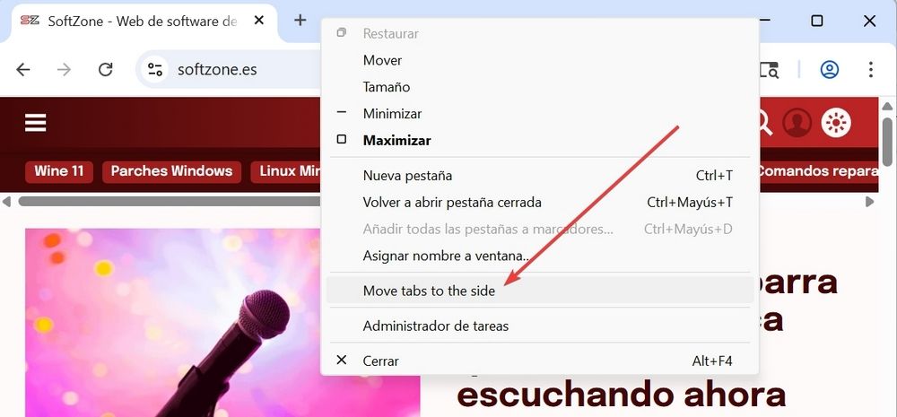 Opción del menú contextual de Google Chrome para activar las pestañas verticales.