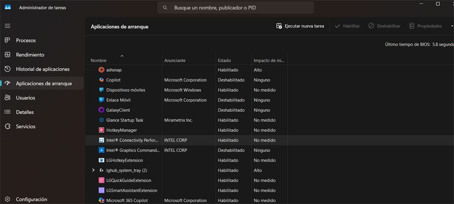 Administrador de tareas inicio
