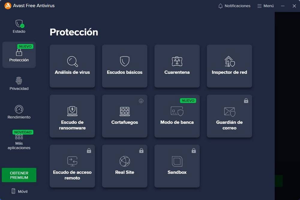 Panel de protección de Avast Free Antivirus con opciones como análisis de virus, cortafuegos y escudos básicos.