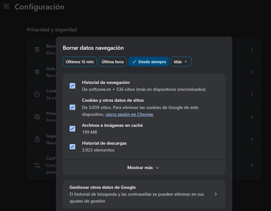 Borrar datos de navegación de Google Chrome.