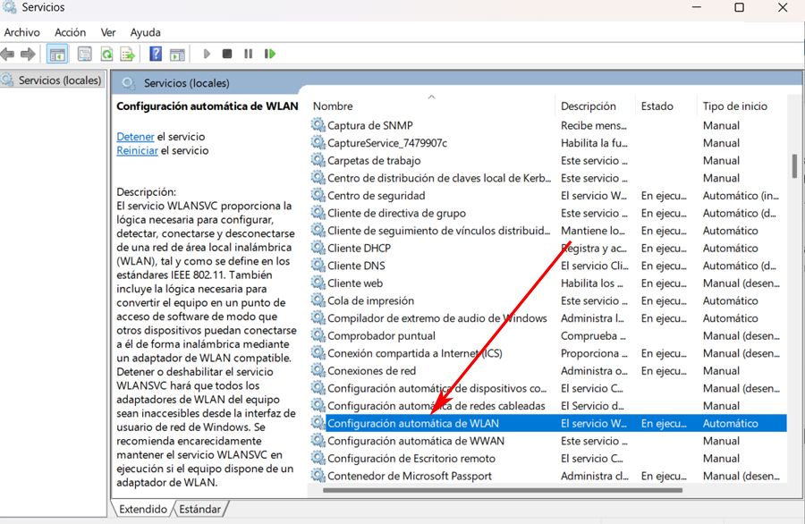 Configuración automática de wlan en la ventana de servicios de Windows.