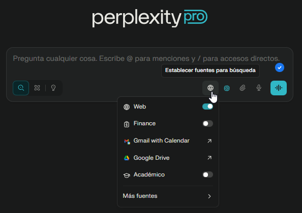 Opciones de búsqueda de la interfaz de Perplexity.
