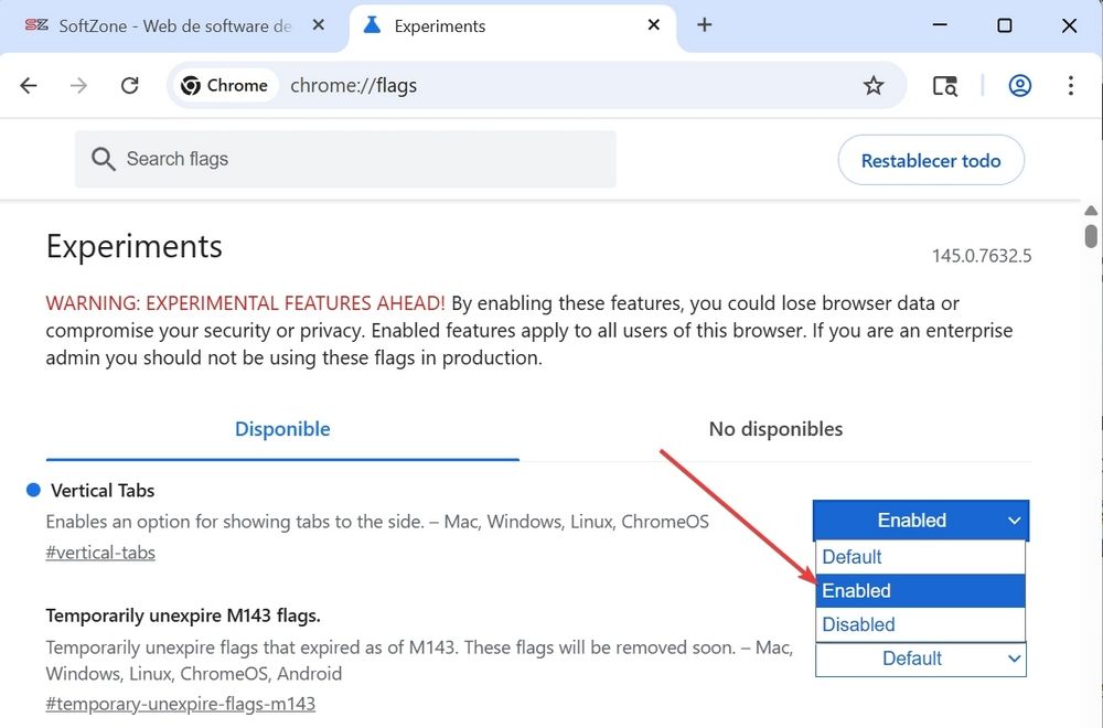 Captura de pantalla de la configuración experimental de Chrome mostrando la opción Vertical Tabs activada en chrome://flags.